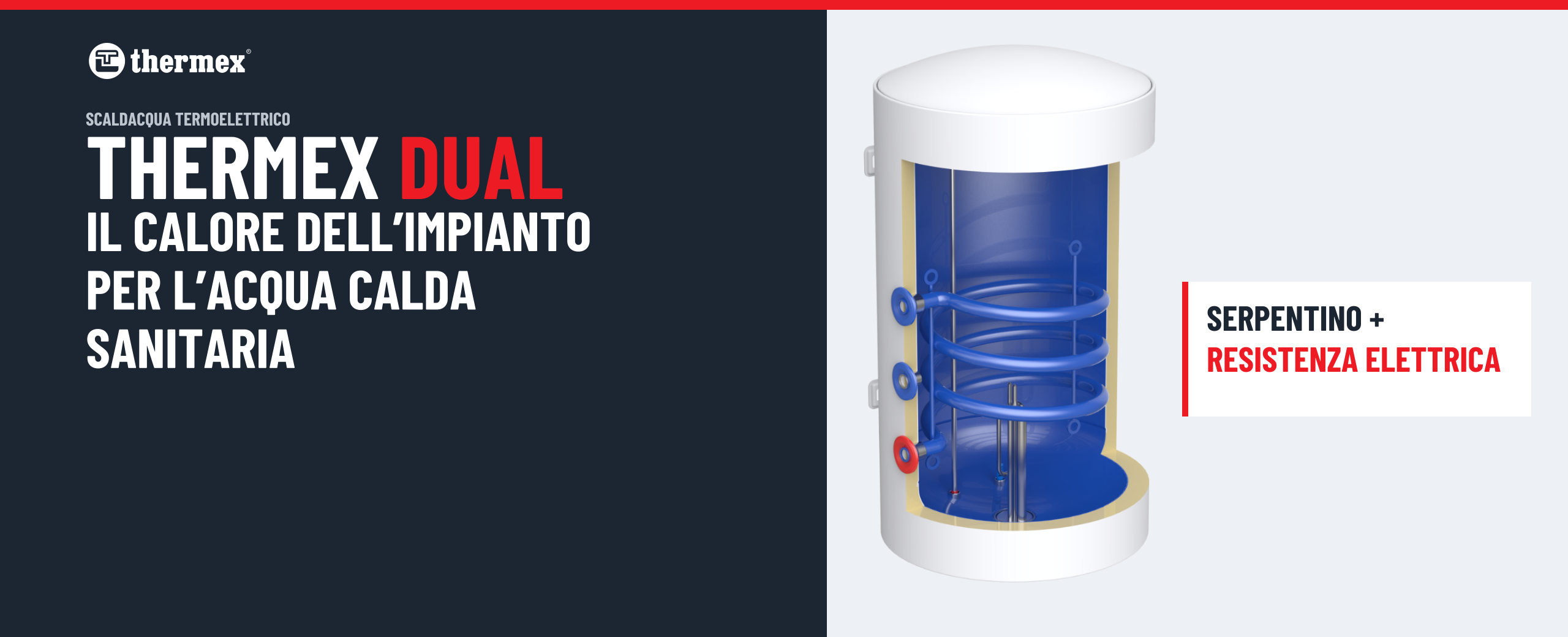 Thermex Dual: scaldacqua termoelettrico con serpentino e resistenza elettrica per produrre acqua calda sanitaria.